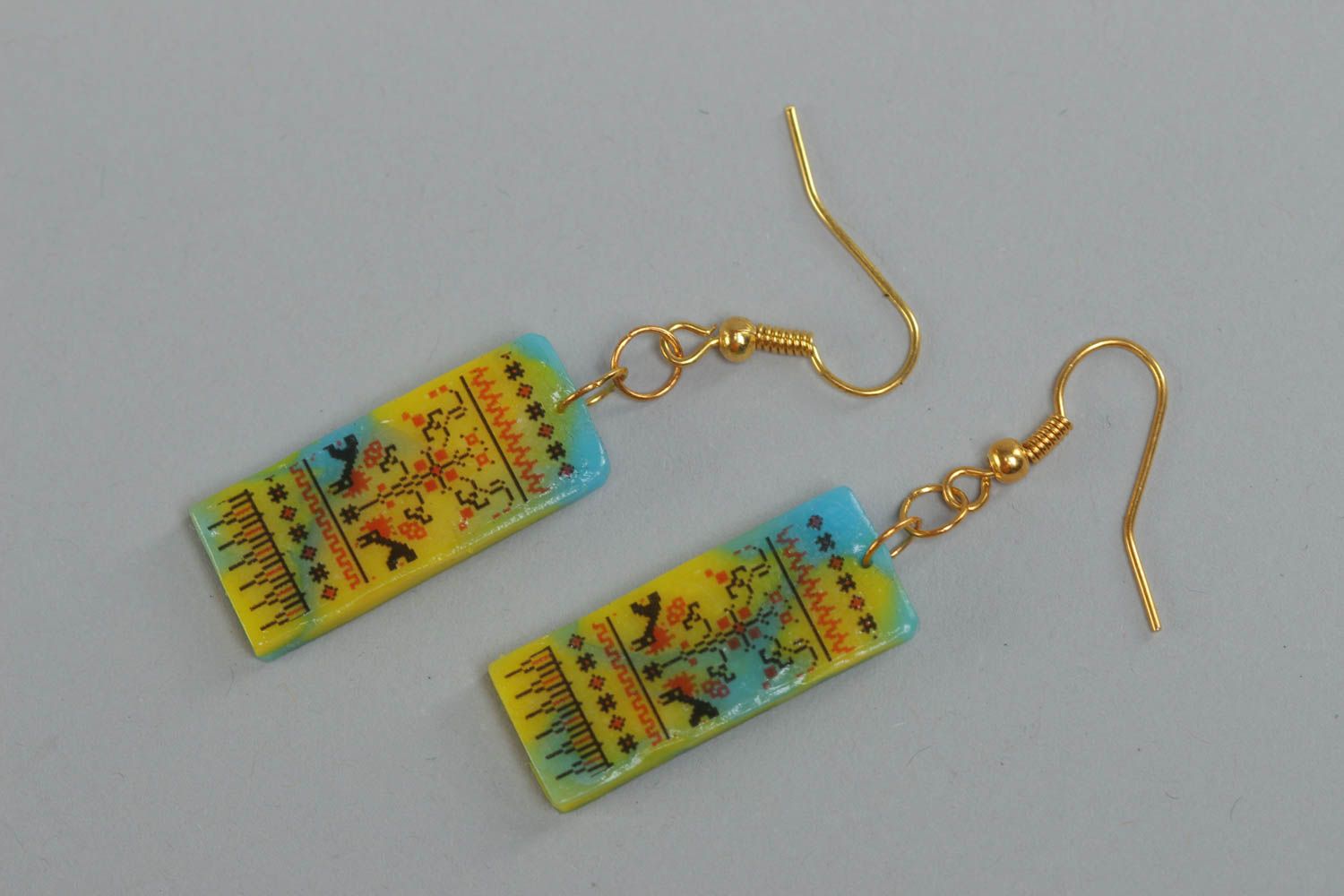 Handmade polymer clay earrings with Ukrainian symbolism yellow with blue photo 2