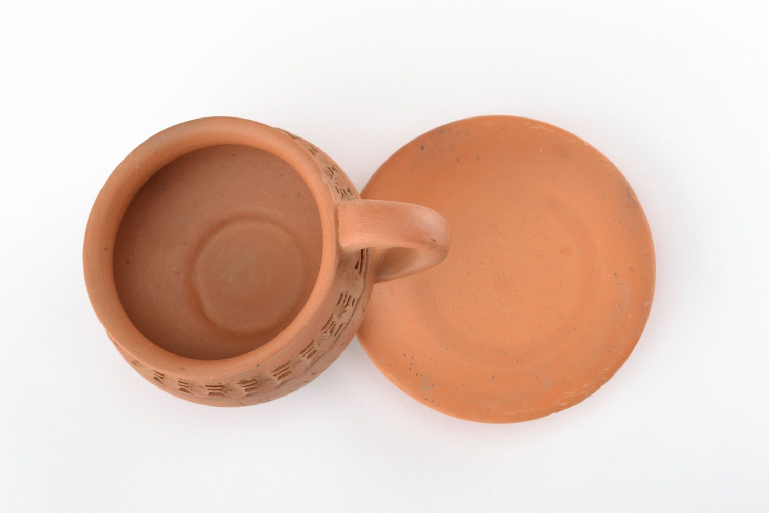 3 oz classic shape espresso coffee clay cup with handle and saucer in terracotta color photo 3