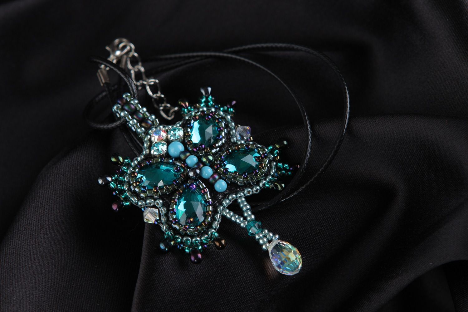 Handmade neck pendant embroidered with beads in blue color palette on cord photo 5