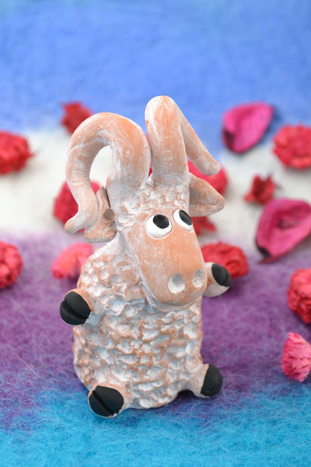 Handmade designer souvenir ceramic figurine of lamb painted with acrylics photo 1