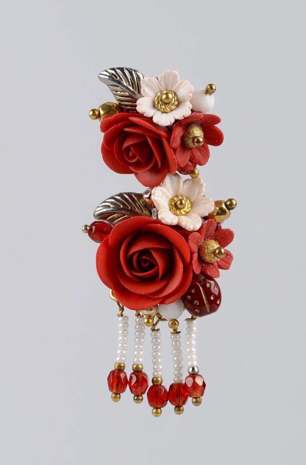 Серьги из полимерной глины украшение ручной работы алые розы элитная бижутерия фото 2