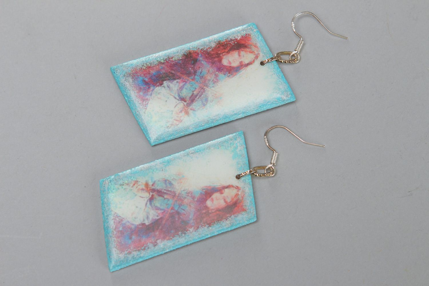 Handmade polymer clay dangle earrings with print with epoxy resin Violinist photo 1