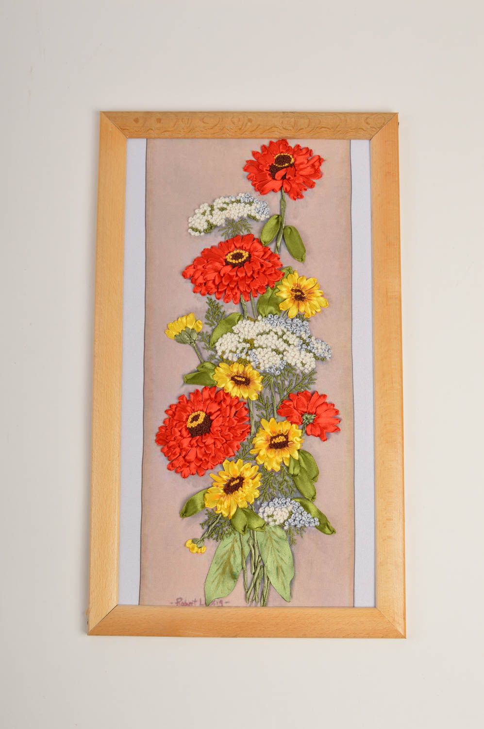 Tableau floral fait main Décoration murale broderie rubans de satin Déco maison photo 2