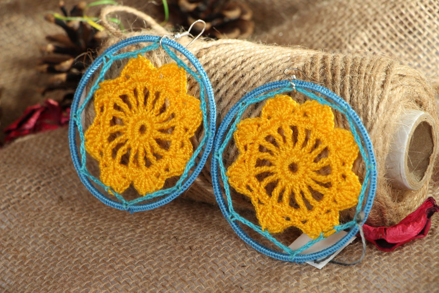 Lacy crochet earrings Yellow and blue photo 4