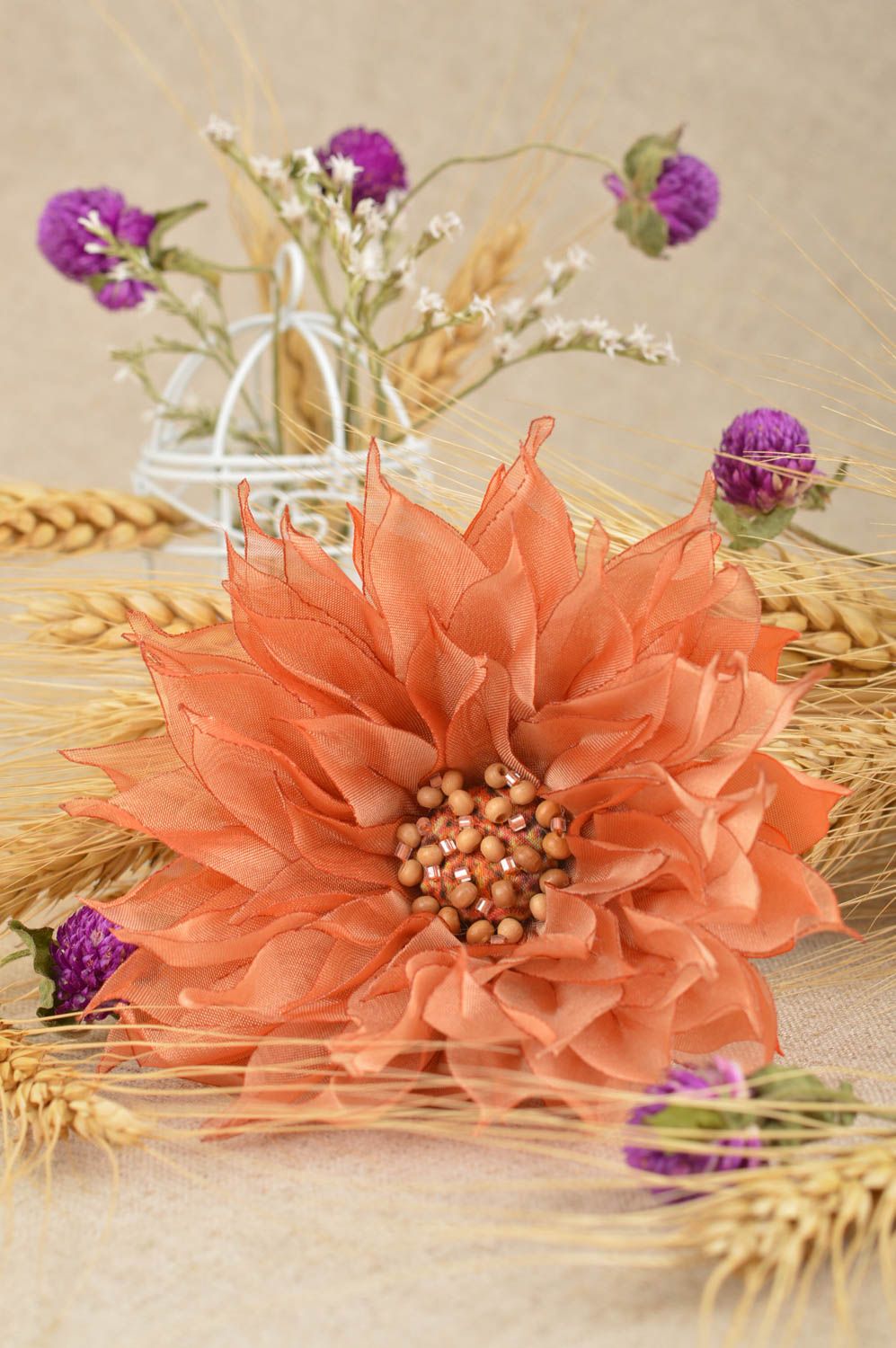 Handmade Haarspange Blume große Brosche Damen Modeschmuck orange Blüte foto 1