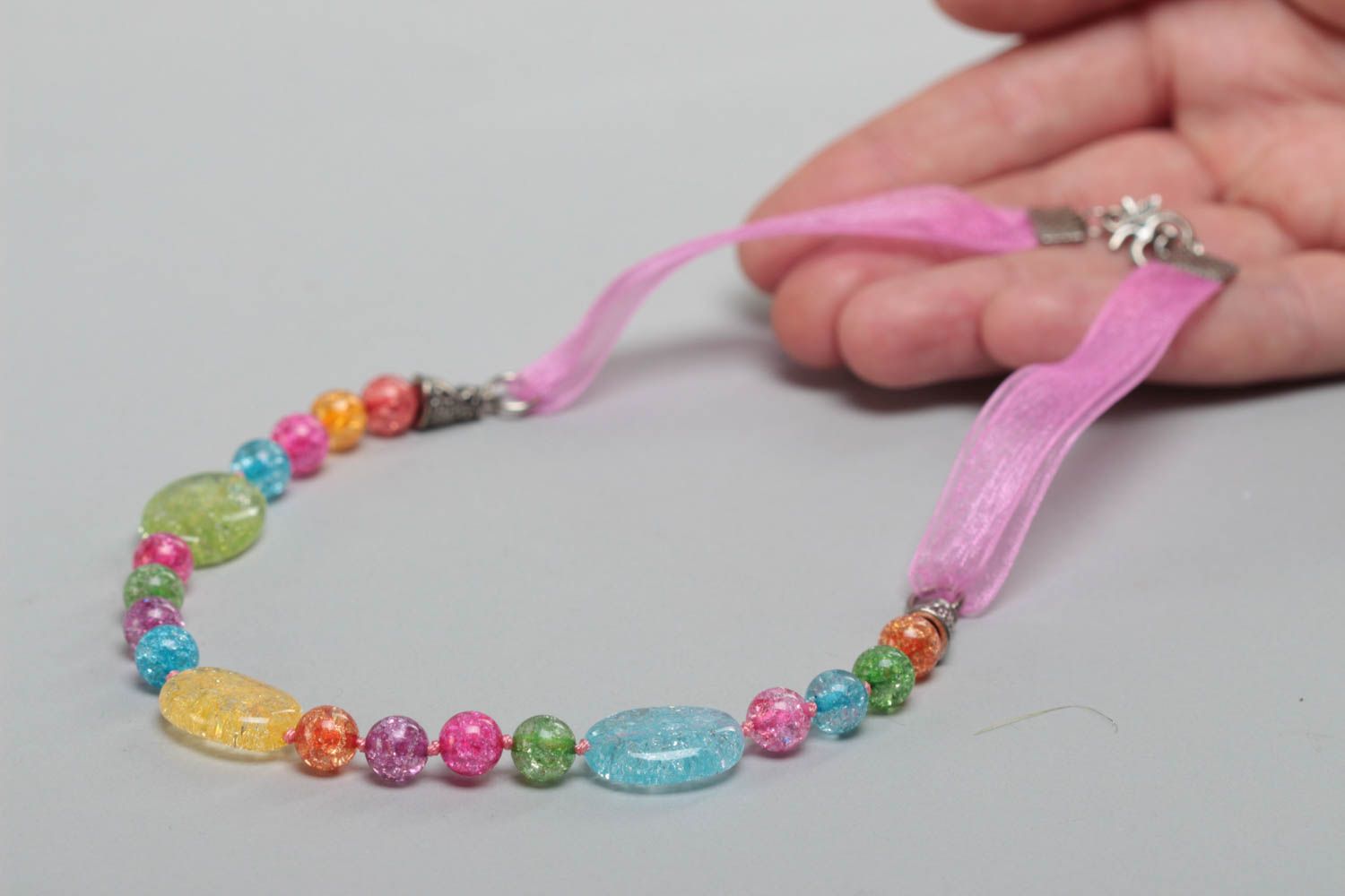 Handmade bright children's design glass bead necklace with ribbon photo 5