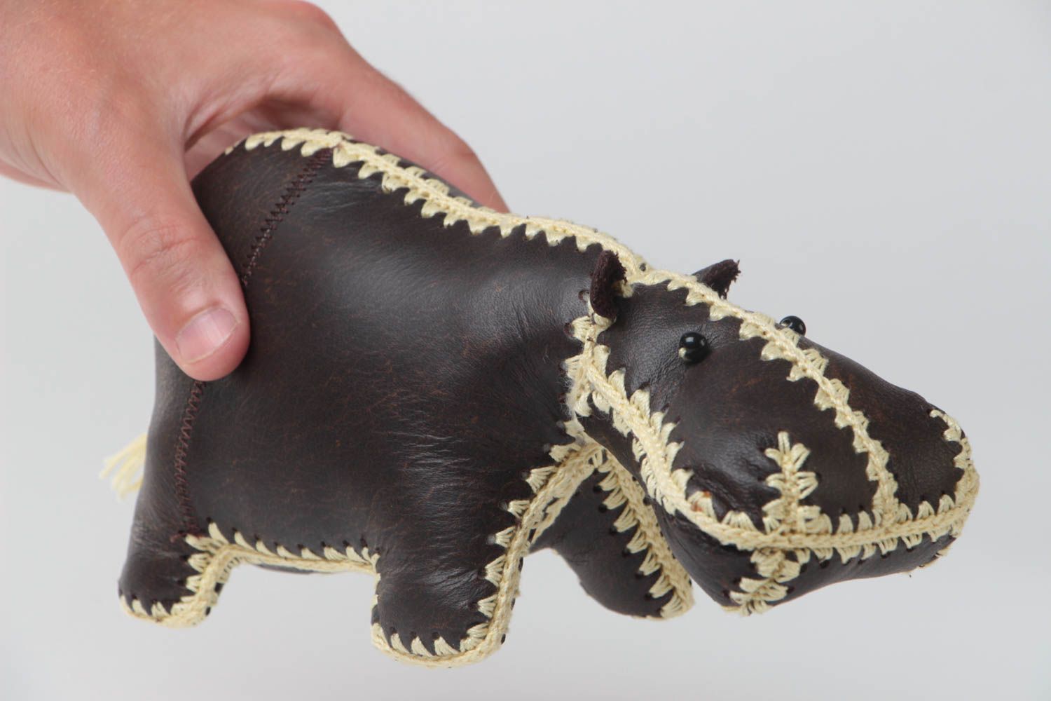 Handmade large designer soft toy sewn of dark leather with light threads Hippo photo 5
