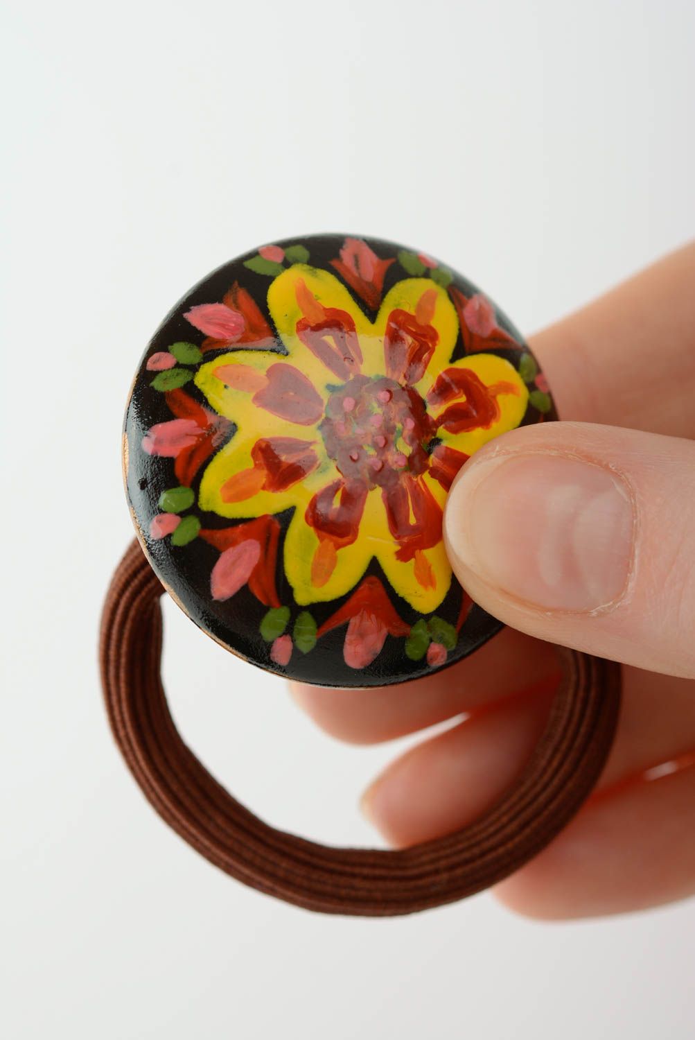 Bright handmade designer wooden hair tie painted with acrylics  photo 5