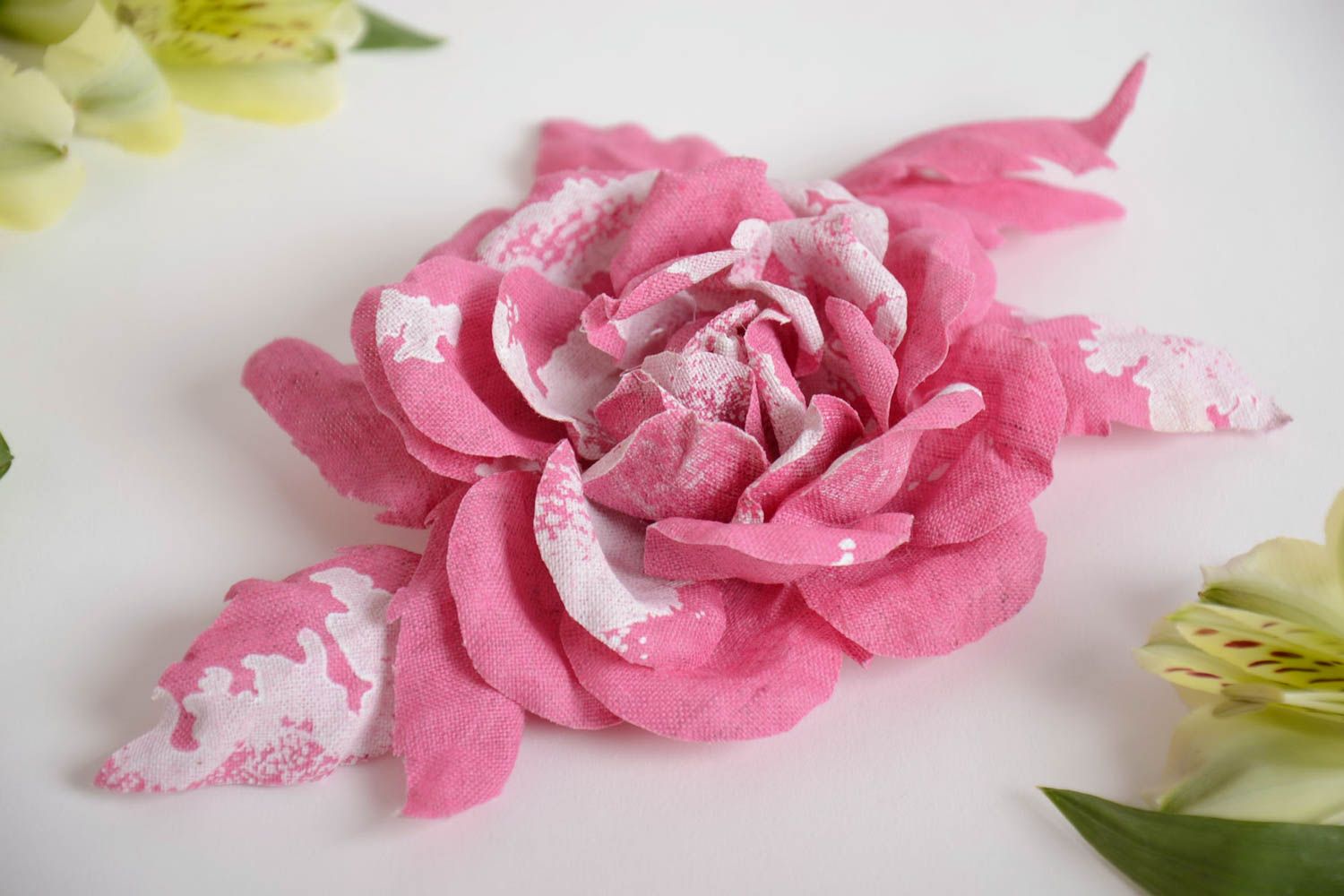 Handmade hair clip brooch with large volume fabric flower of pink color photo 1