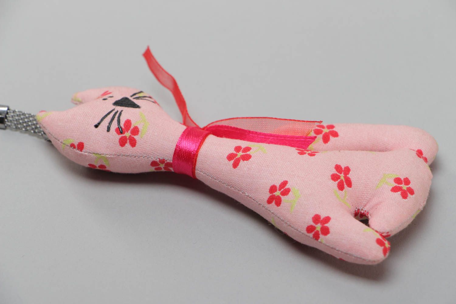 Handmade soft toy keychain sewn of pink polka dot cotton fabric in the shape of cat photo 3