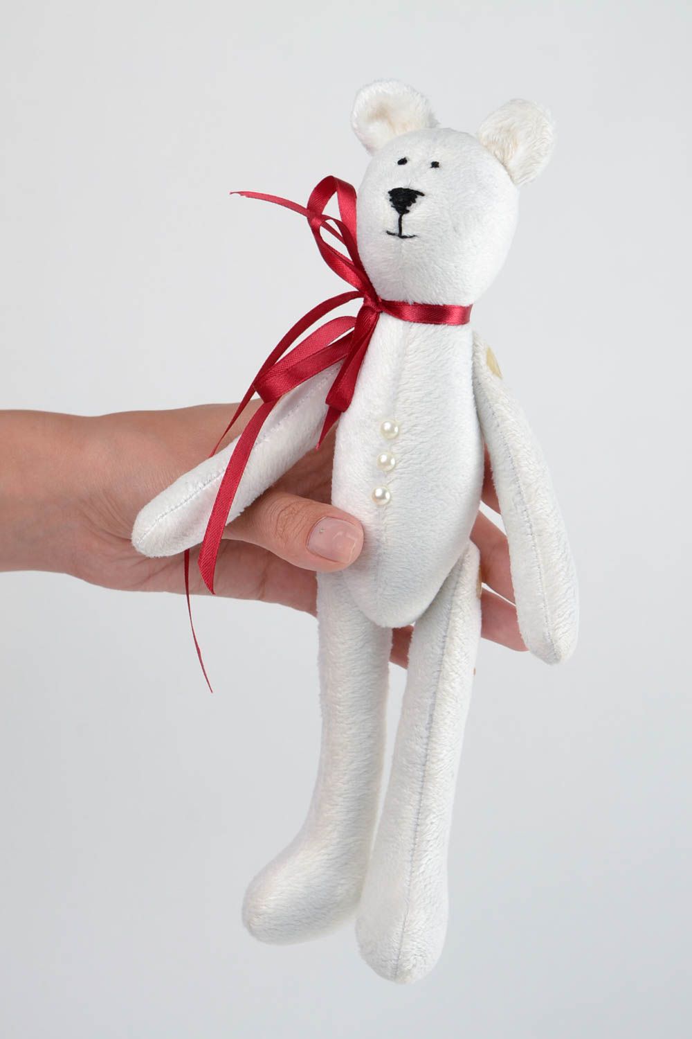 Jouet Ours en peluche blanc fait main avec noeud rouge Cadeau pour enfant photo 2