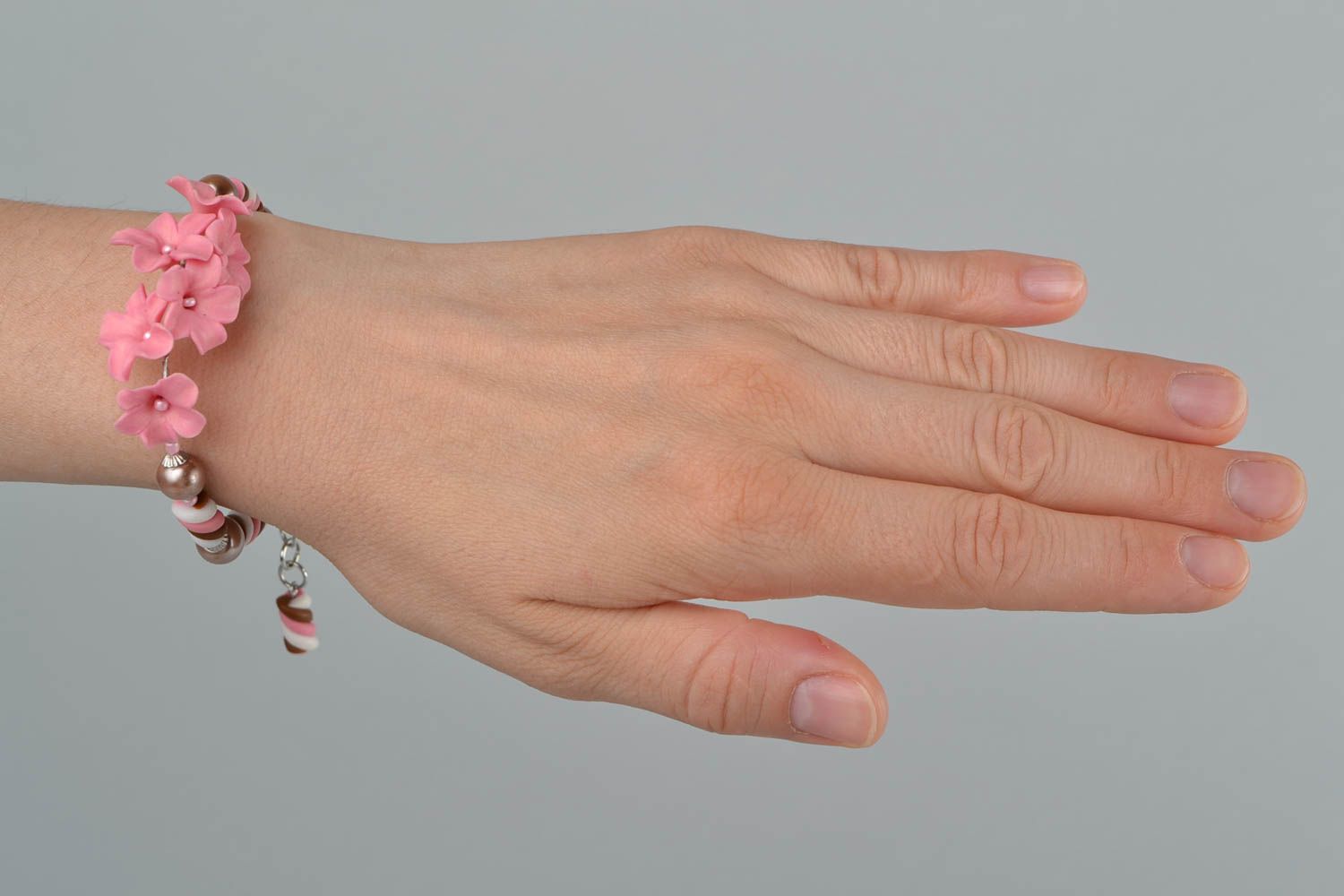 Women's handmade designer polymer clay flower bracelet with pink lilac flowers photo 3