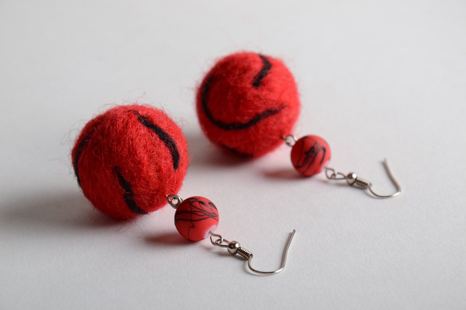 Red and black handmade women's felted wool ball earrings photo 5