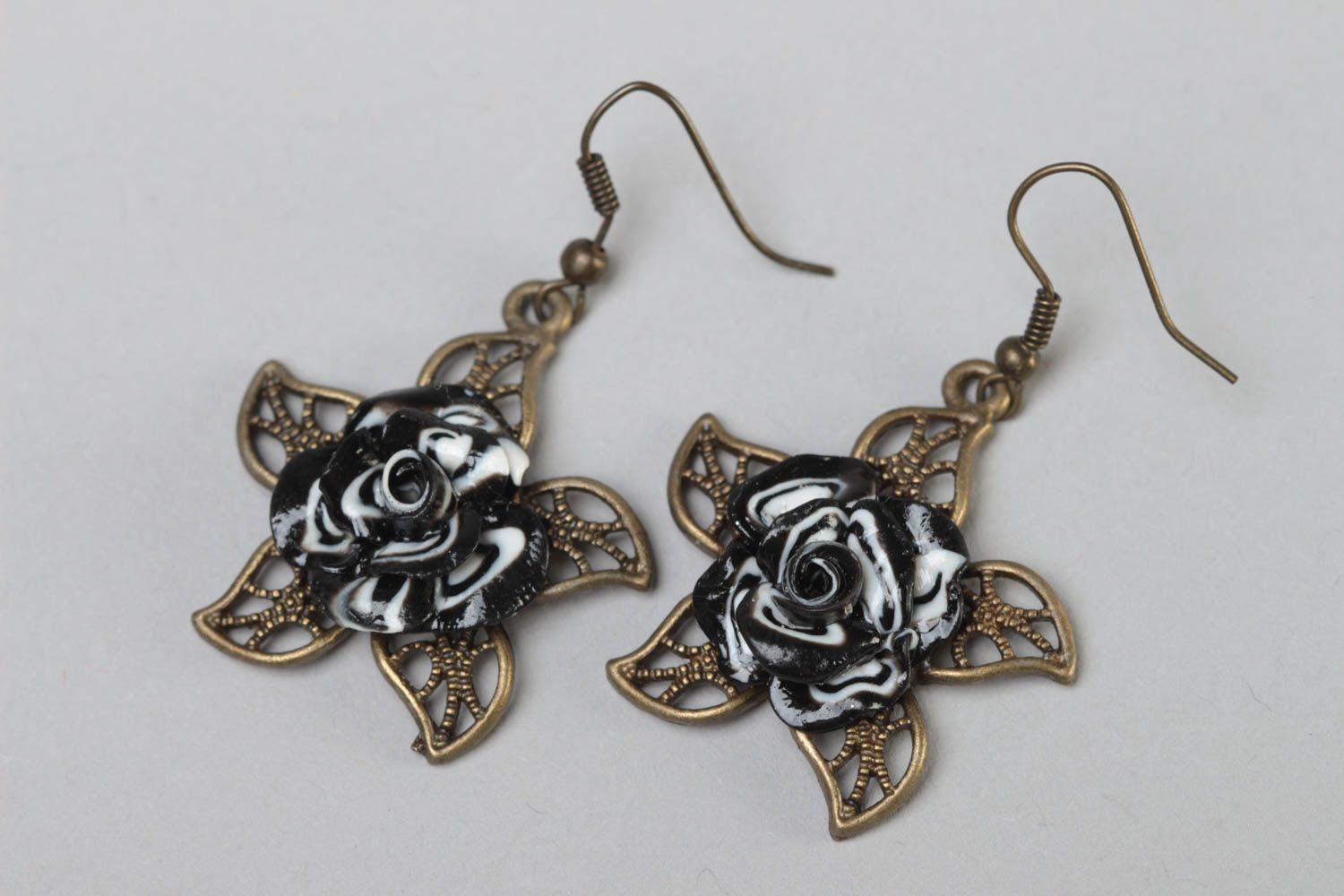 Handmade designer dangling earrings of bronze color with polymer clay flowers photo 2