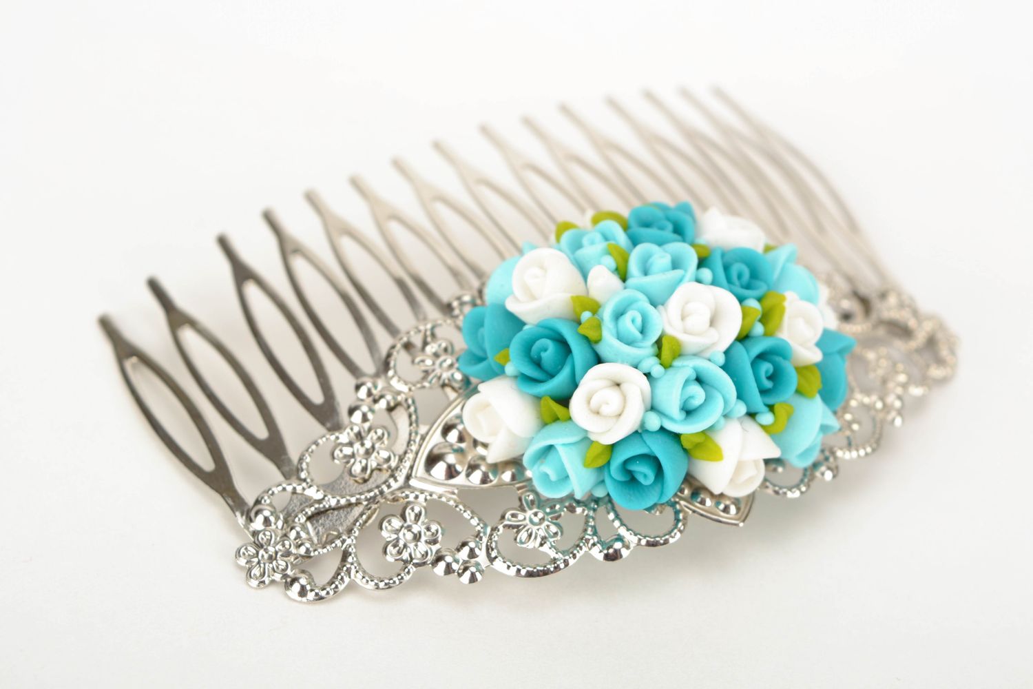 Metal hair comb with polymer clay flowers photo 3