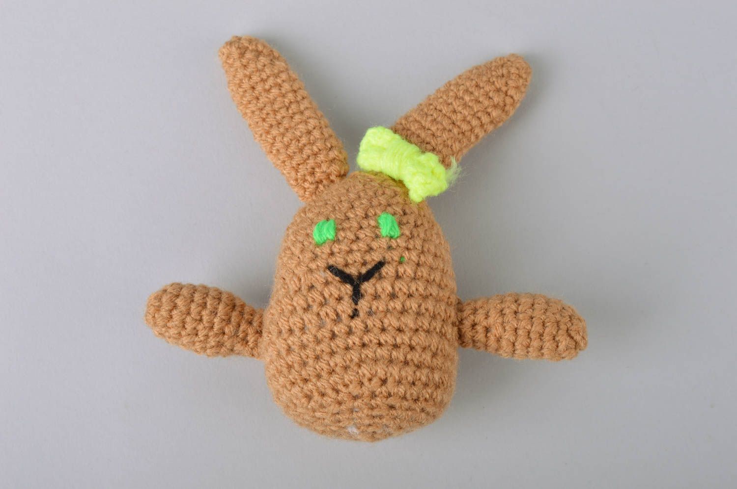 Handmade small soft toy crocheted of semi cotton threads brown rabbit with bow photo 2