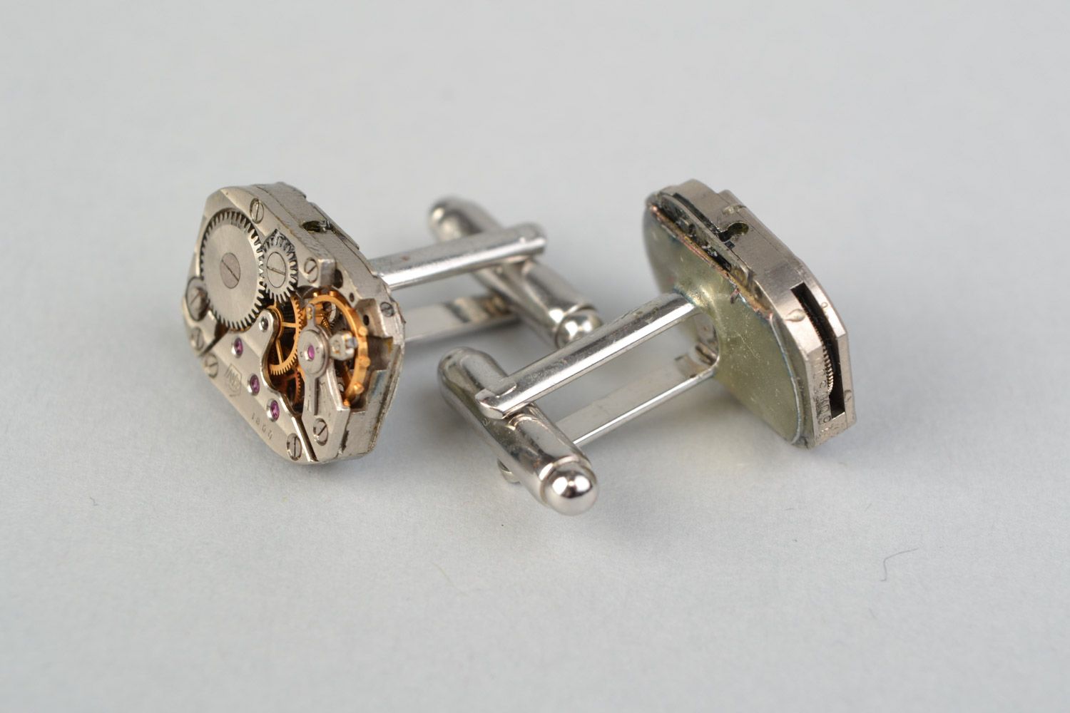 Handmade silvered clock mechanism cufflinks in steampunk style for men photo 4