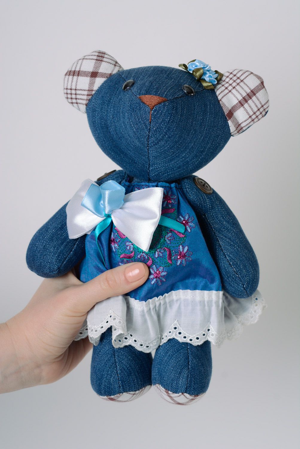 Beautiful handmade designer denim fabric soft toy bear of blue color photo 1