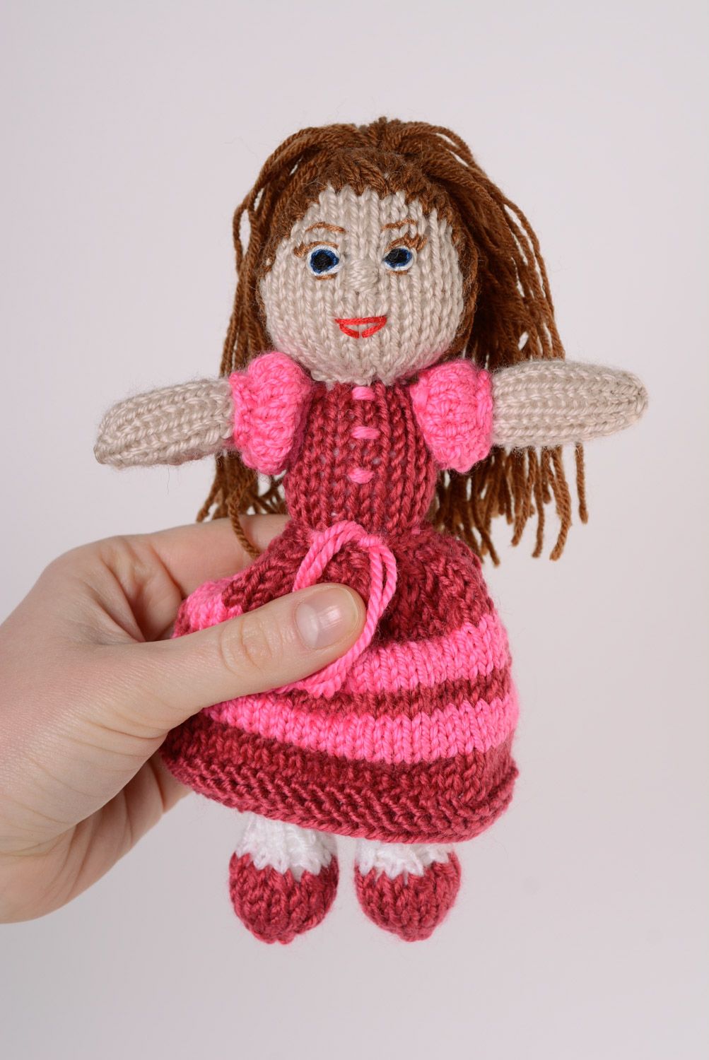 Nice homemade soft knitted doll in dress for children photo 1
