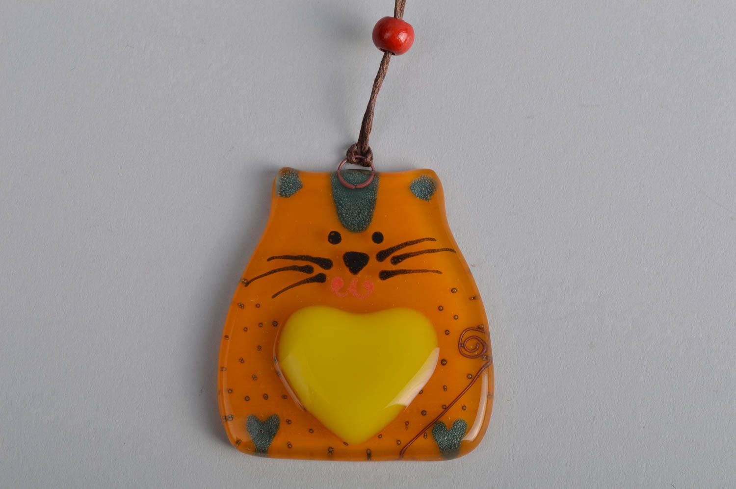 Handmade orange glass wall pendant for home made using fusing technique cats photo 3