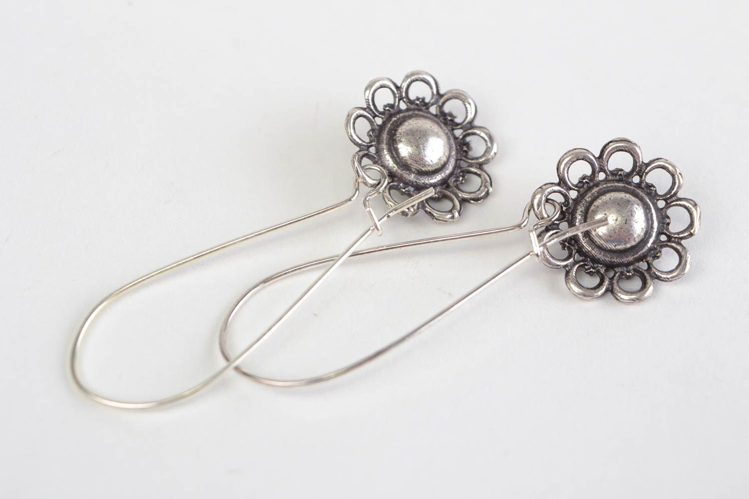 Handmade stylish long designer metal dangling earrings with turquoise stone photo 5
