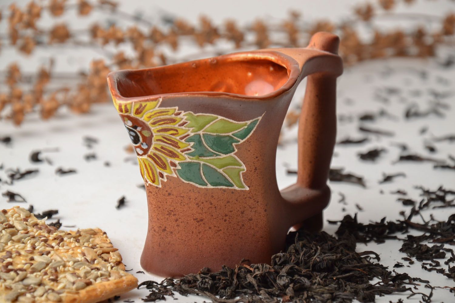 Square ceramic glazed handmade coffee cup with sunflower pattern and wide large handle photo 1