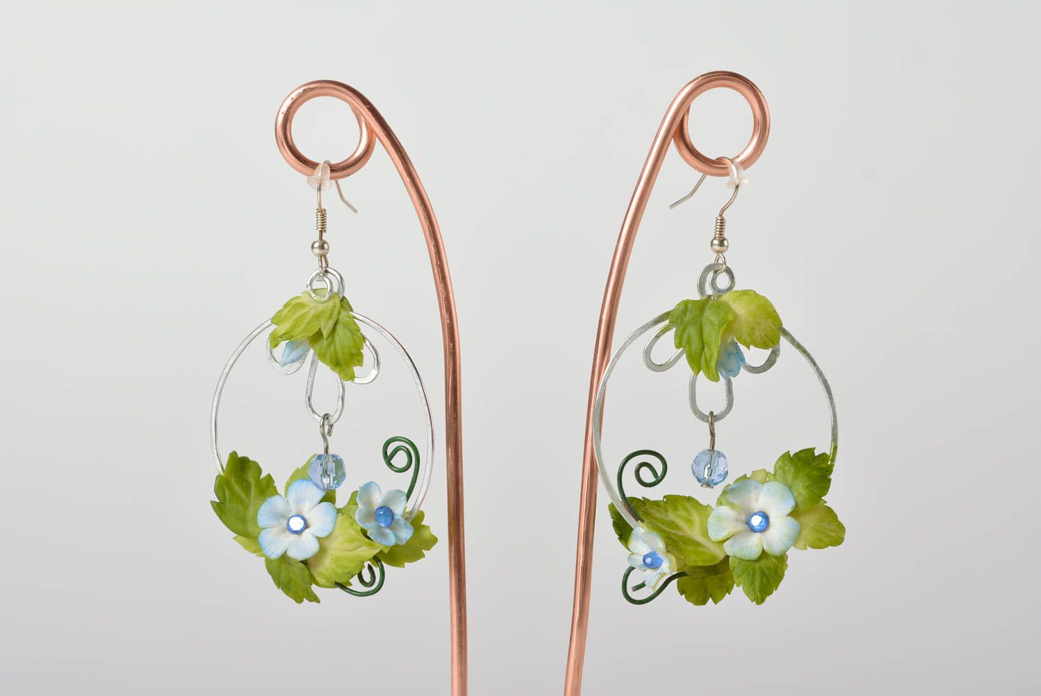 Handmade long massive polymer clay floral earrings with metal fittings photo 1