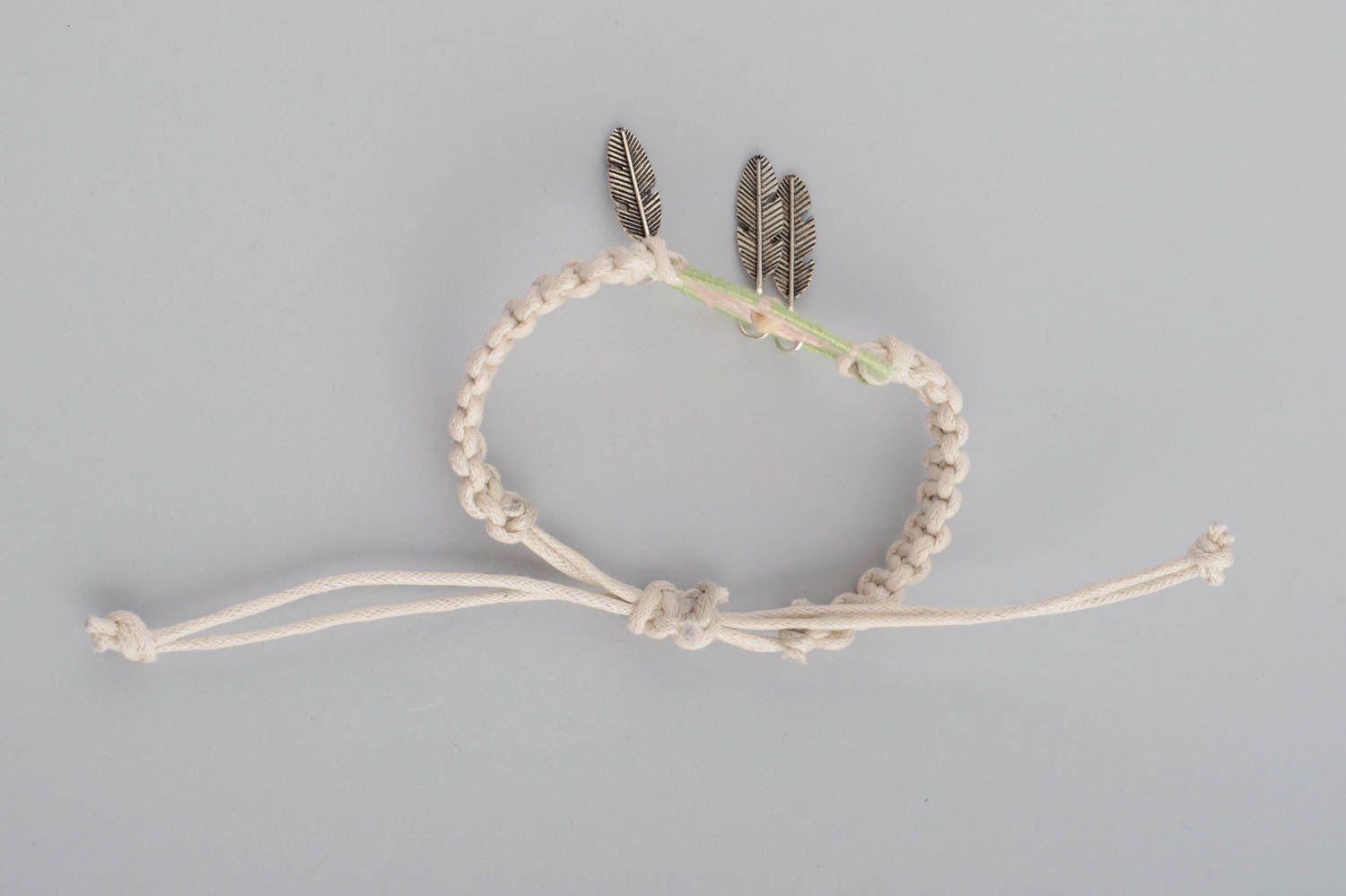 Handmade light macrame woven cord wrist bracelet with dreamcatcher and charms photo 4