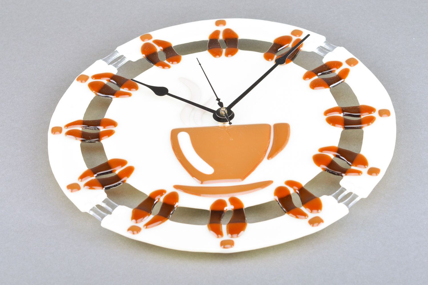 Круглые настенные часы из стекла ручной работы в технике фьюзинг для кухни Кофе фото 2