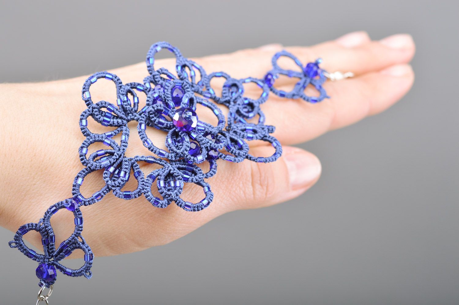 Blue lacy handmade ankars tatting bracelet woven of satin threads photo 1