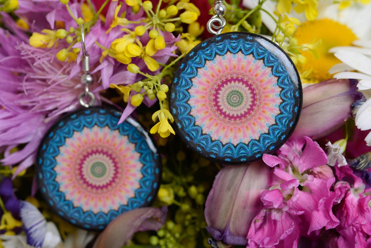 Stylish design handmade polymer clay round earrings with decoupage patterns photo 1