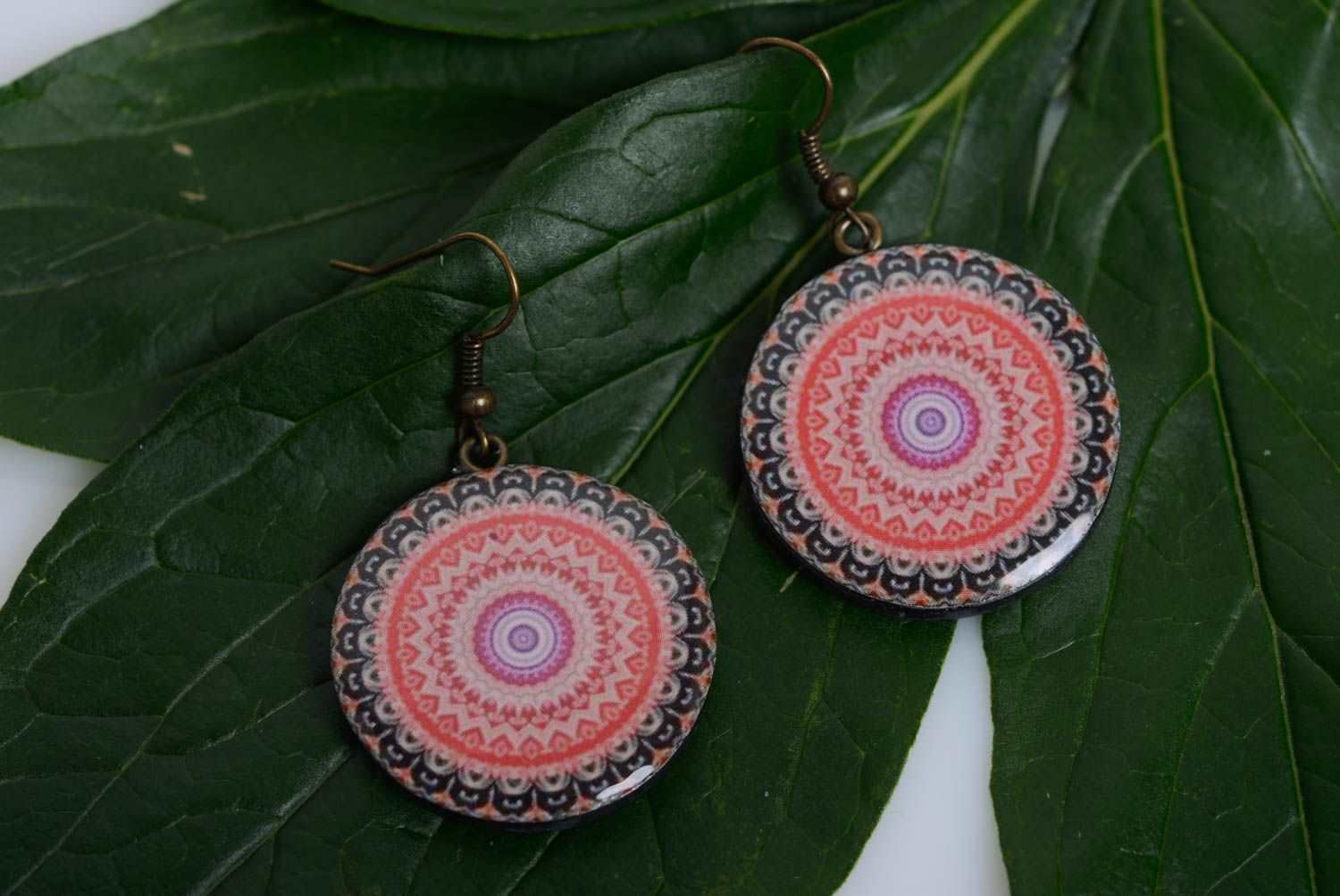 Polymer clay earrings with decoupage handmade pink round-shaped designer jewelry photo 4