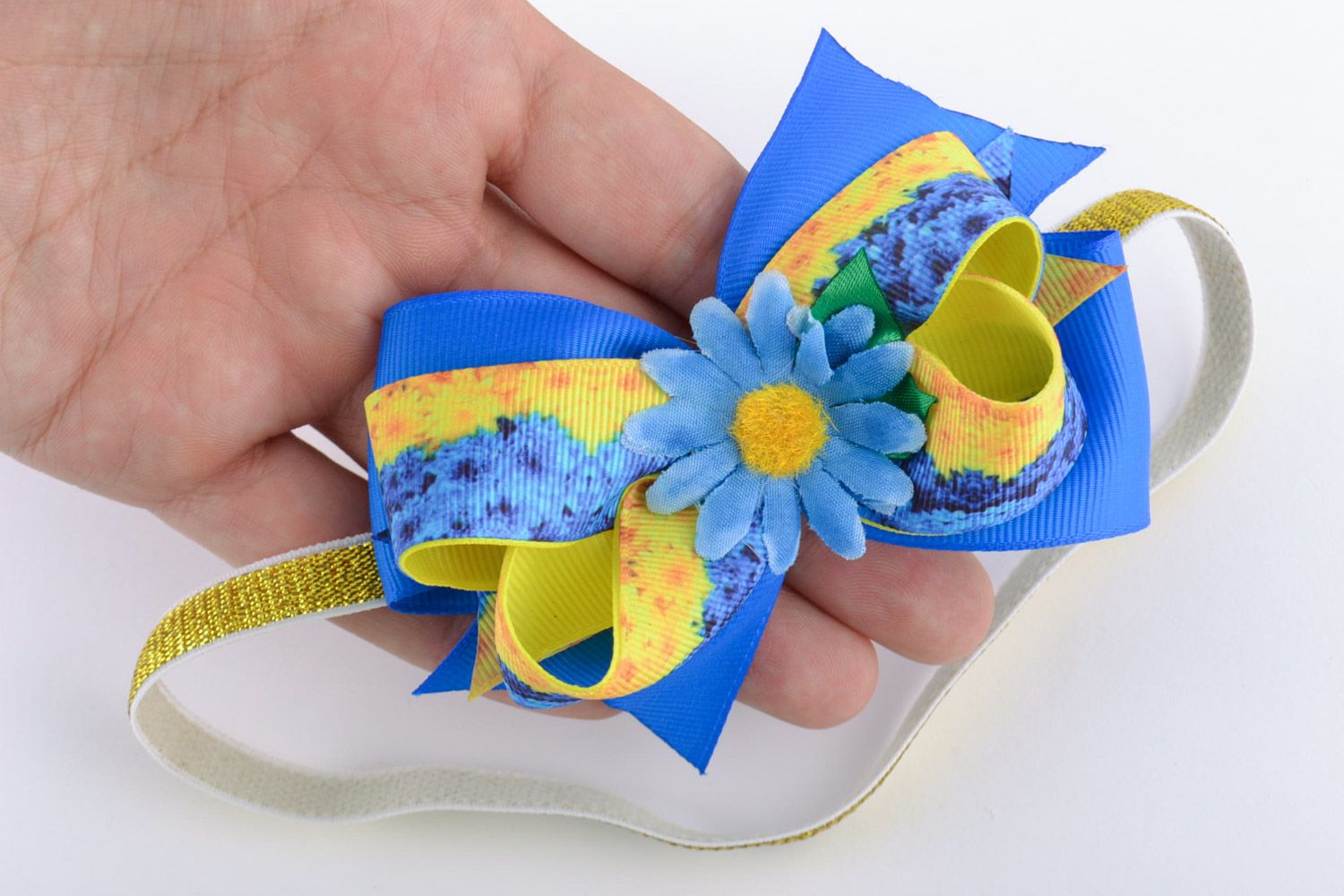 Blue and yellow handmade satin ribbon flower hair strap photo 2