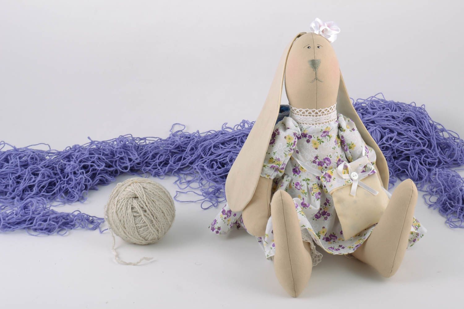 Handmade linen fabric soft toy rabbit in floral dress with small bag for children photo 1