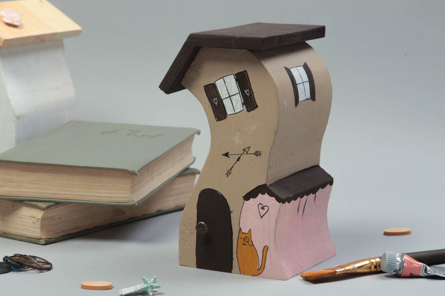Handmade Holz Haus mit Katze dekorative Statuette Wohnzimmer Deko Tisch Deko foto 1
