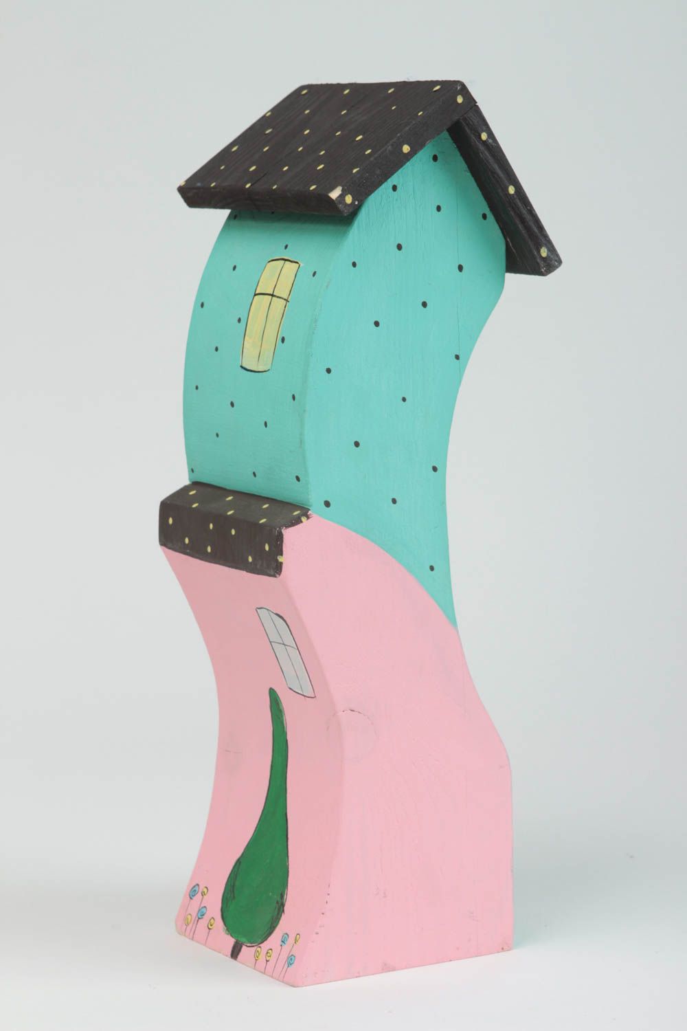 Maisonnette en bois Petite statuette fait main bleu rose design Déco intérieur photo 3