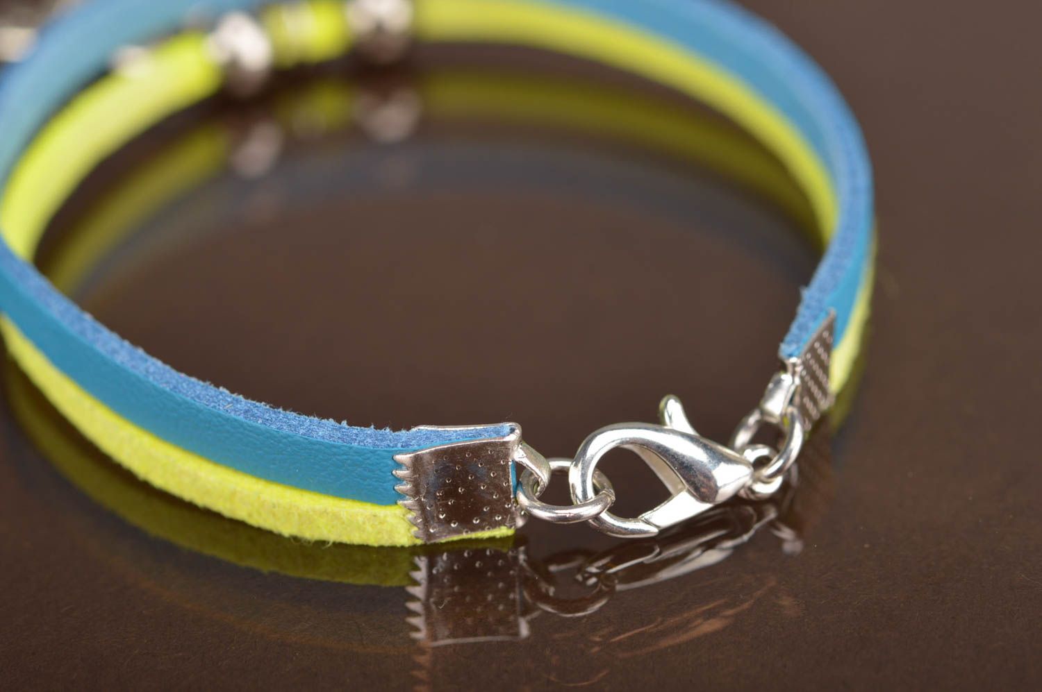 Handmade yellow and blue genuine leather and suede wrist bracelet with charm photo 5