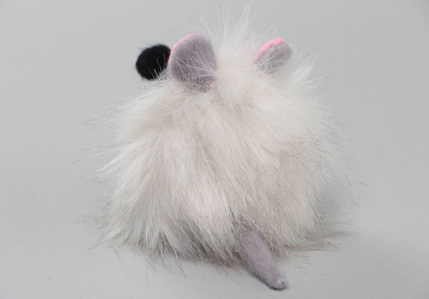 Beautiful tiny handmade gray fur fabric puppet toy in the shape of mouse photo 3