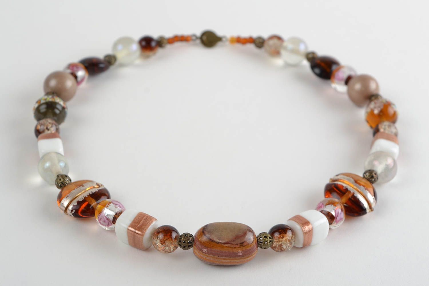Handmade designer women's necklace with natural stone and glass brown and white photo 5