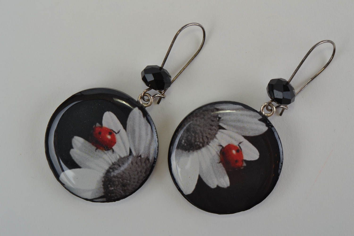 Beautiful homemade polymer clay round earrings with decoupage dark with flowers photo 5