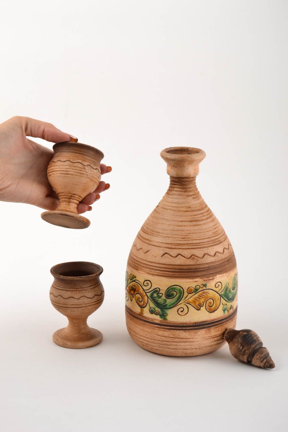 Глиняная бутылка посуда ручной работы керамические стаканы набор из 3 изделий фото 5