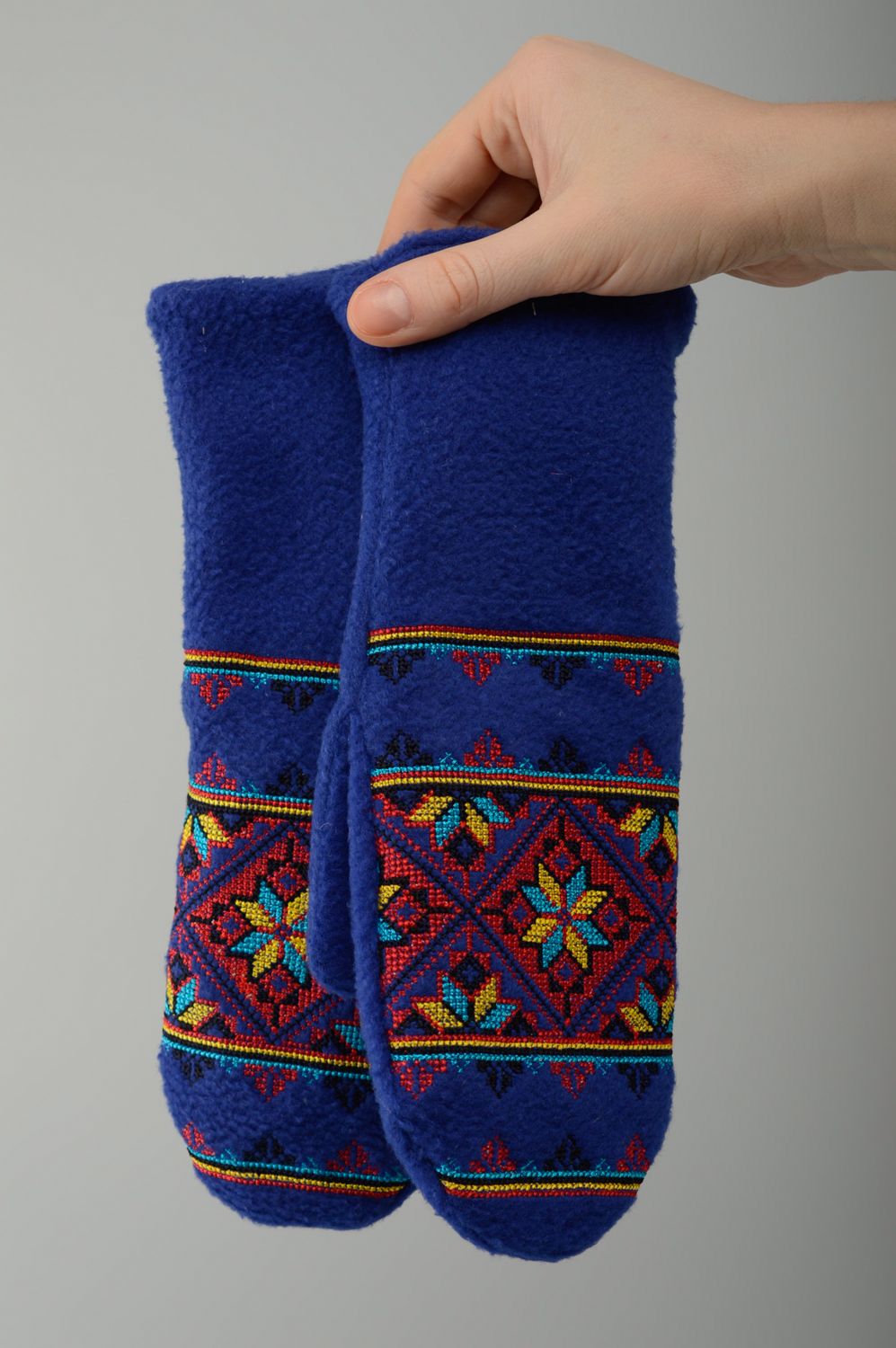 Warm blue fleece mittens with embroidery photo 4