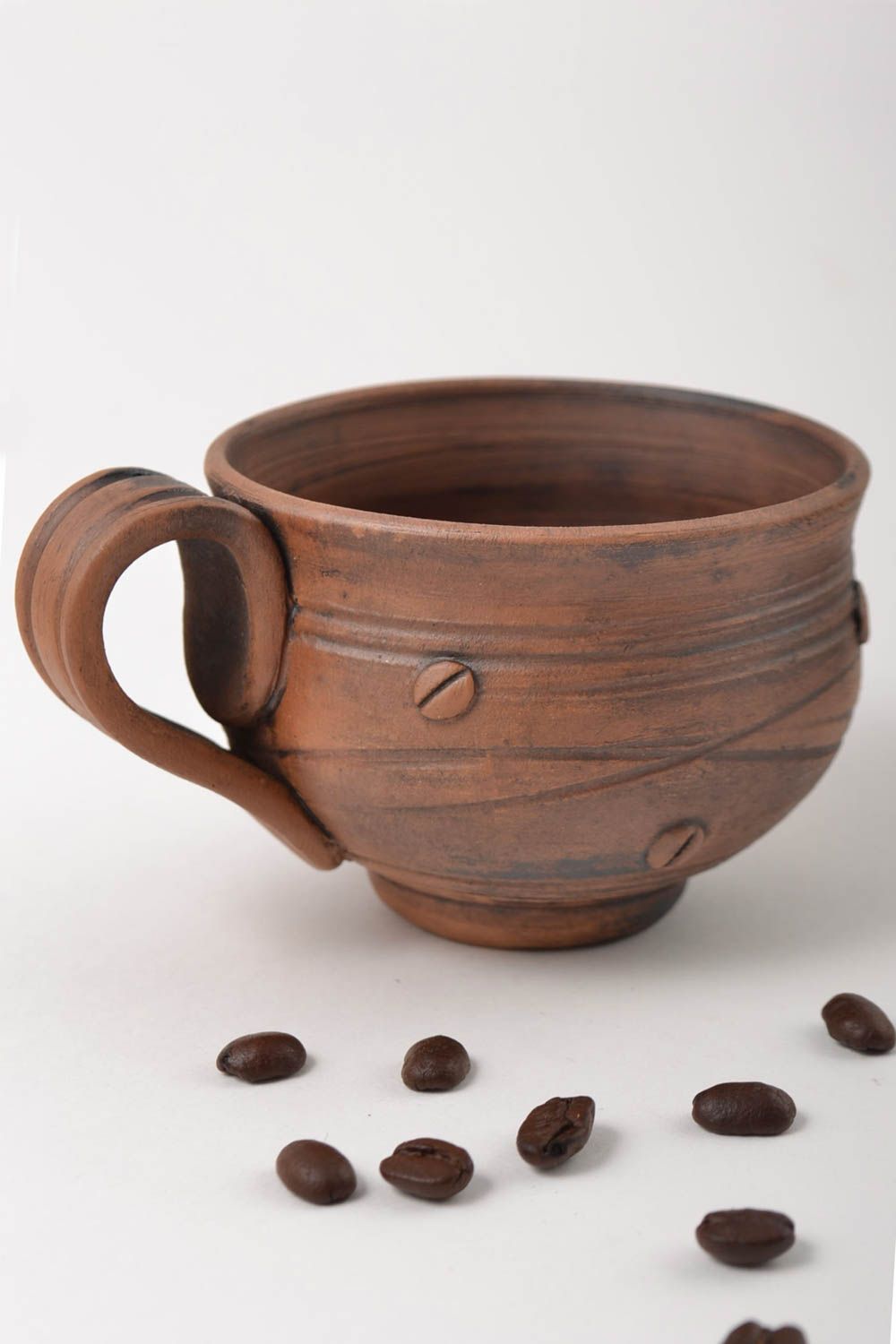 Handmade clay espresso cup with coffee beans pattern and handle 0,34 lb photo 1