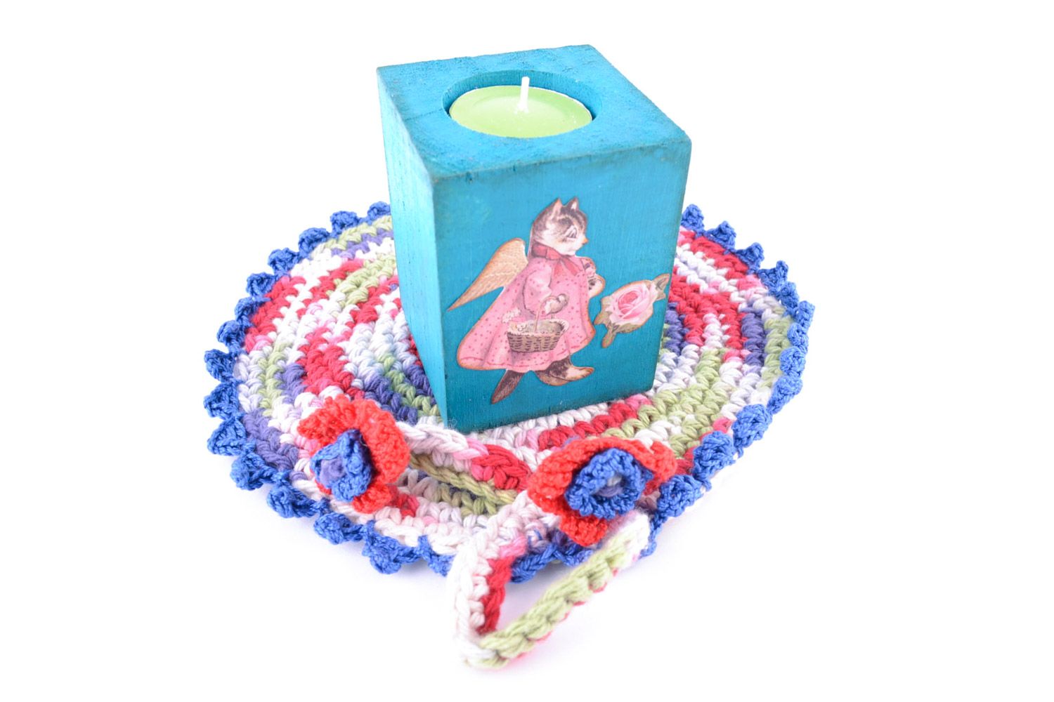 Small handmade painted wooden tablet candle holder of blue color with cat image  photo 1