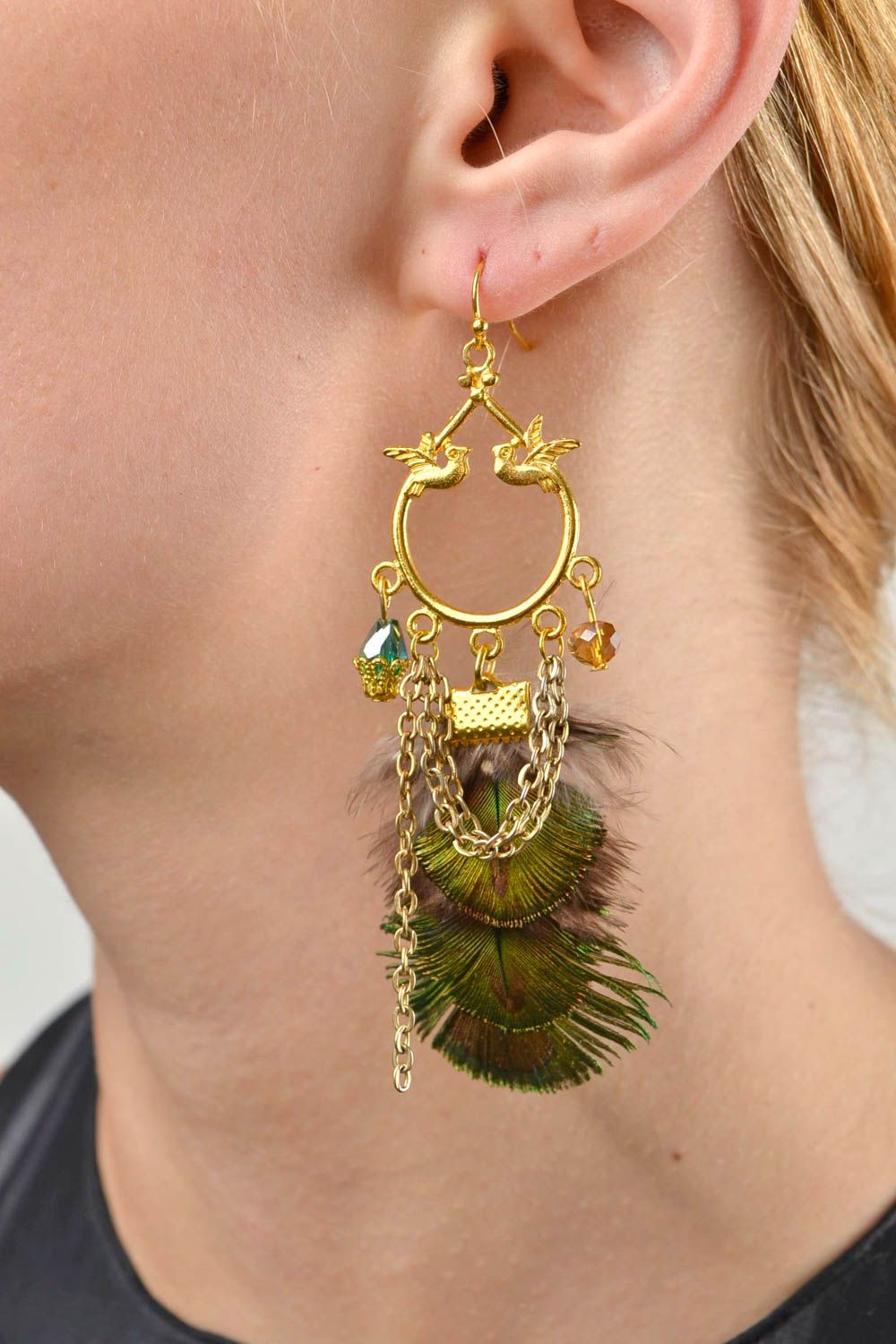 Stylish peacock feather earrings handmade designer bijouterie unique present photo 2