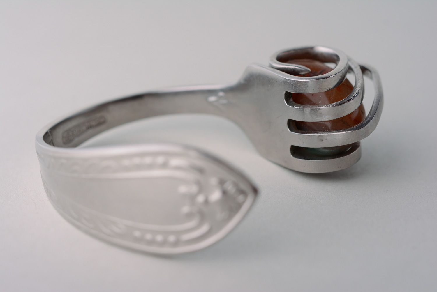 Handmade metal fork wrist bracelet with natural stone photo 4