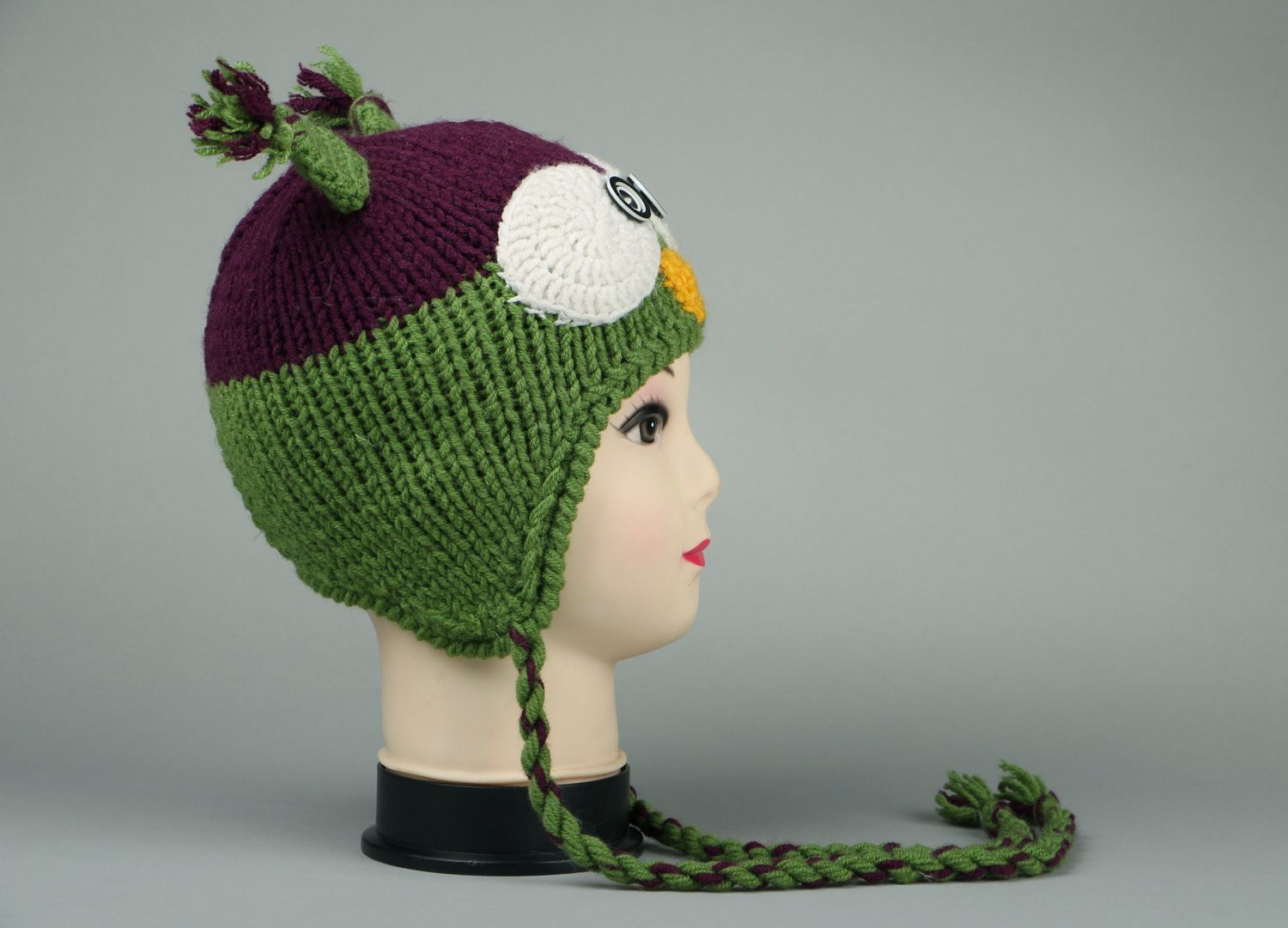 Bonnet tricoté hibou vert en demi laine photo 1