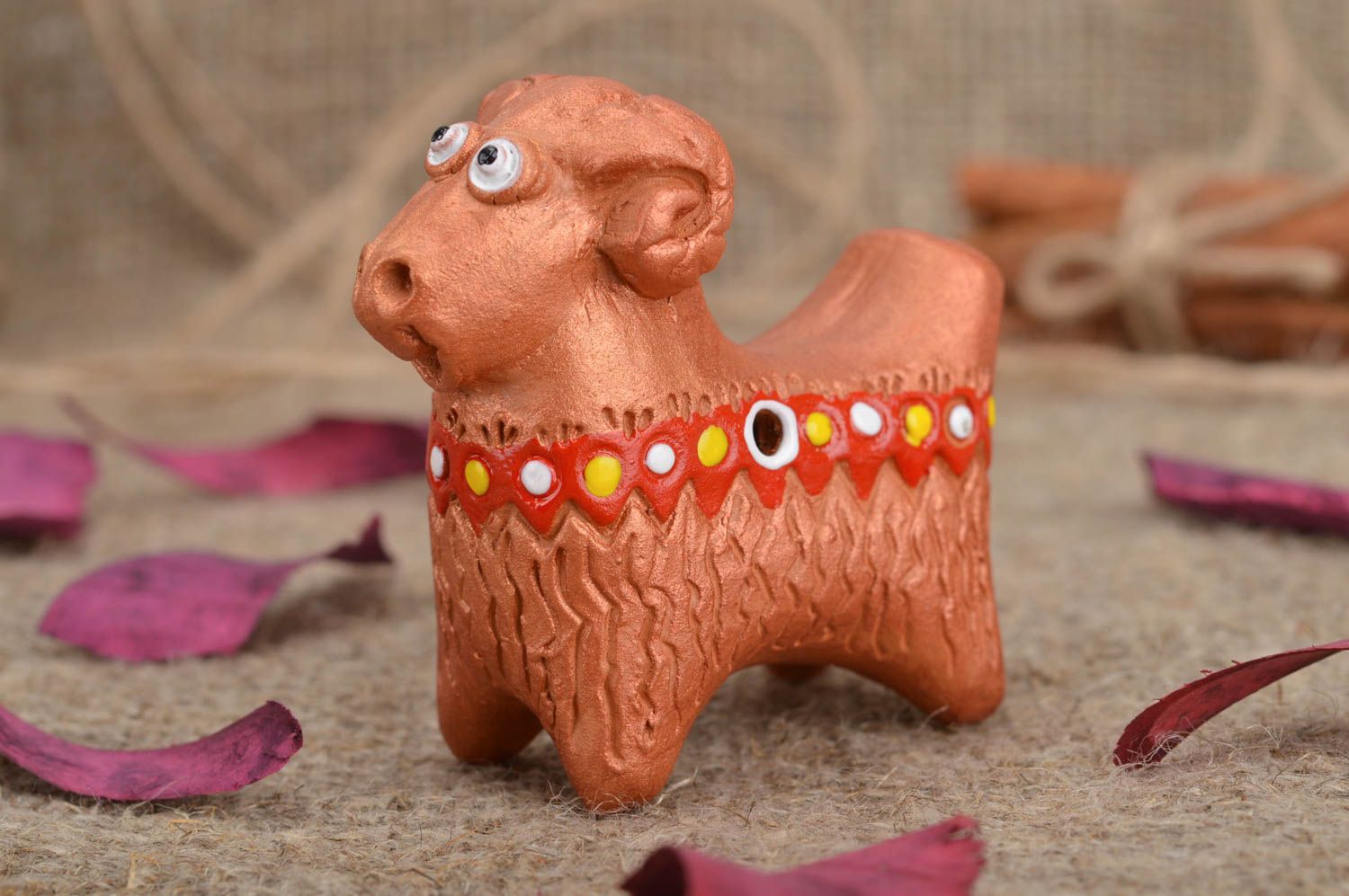 Unusual handmade designer clay penny whistle folk toy Lamb in ethnic style photo 1