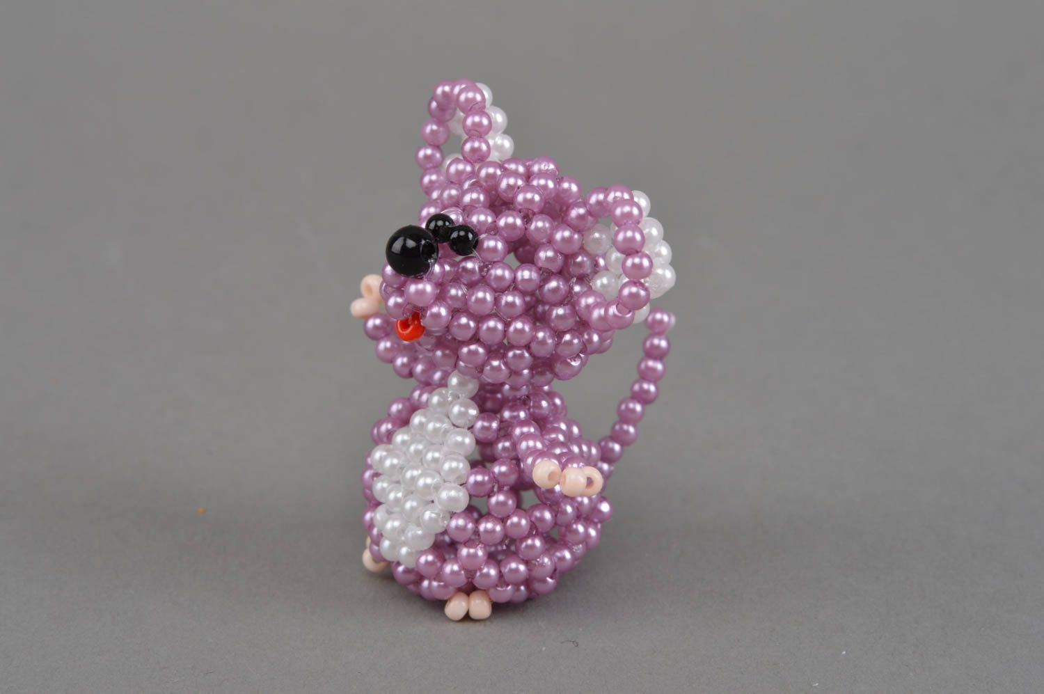 Handmade designer small collectible figurine woven of beads violet mouse photo 1