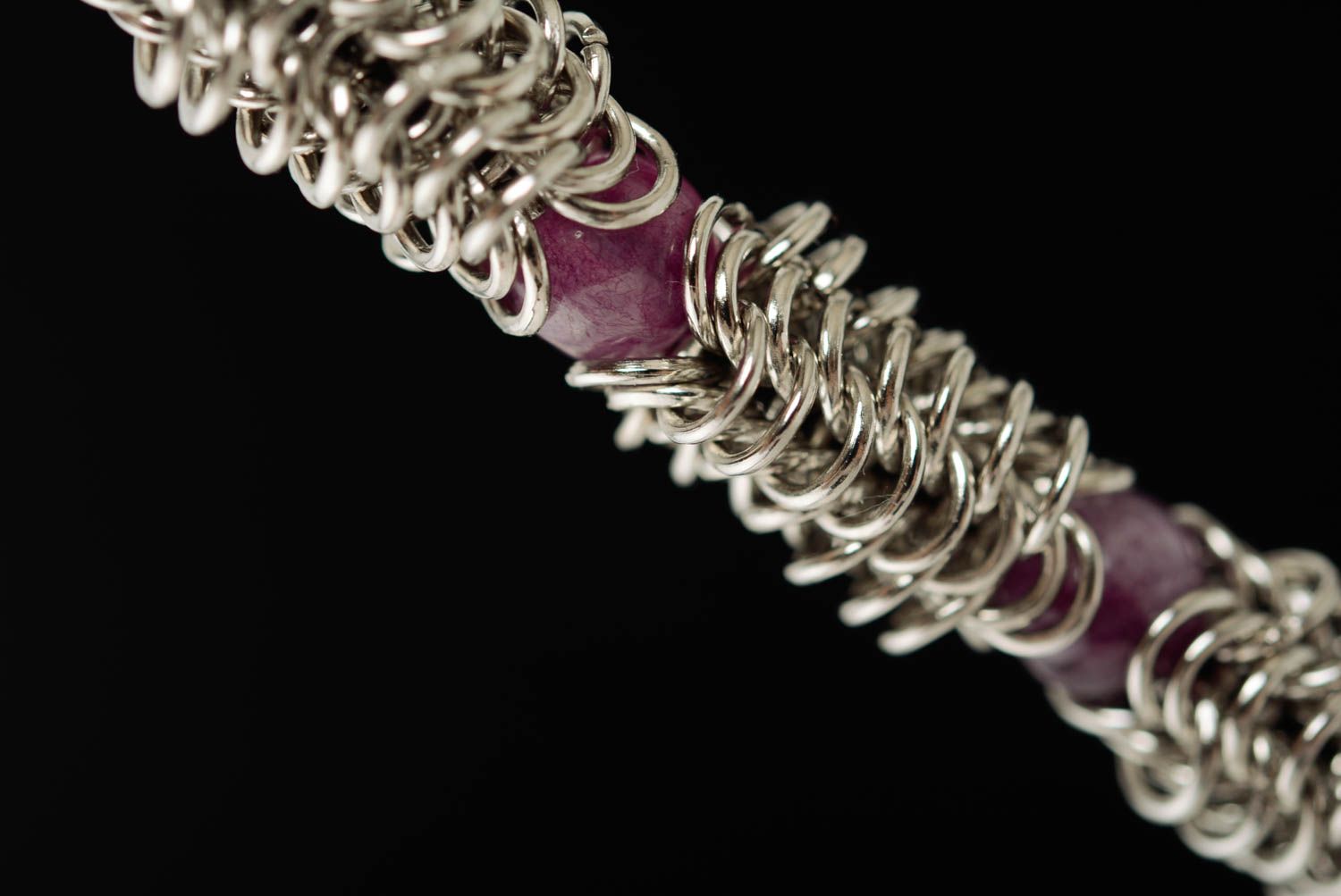 Handmade jewelry alloy bracelet chain mail weaving technique with amethyst photo 4